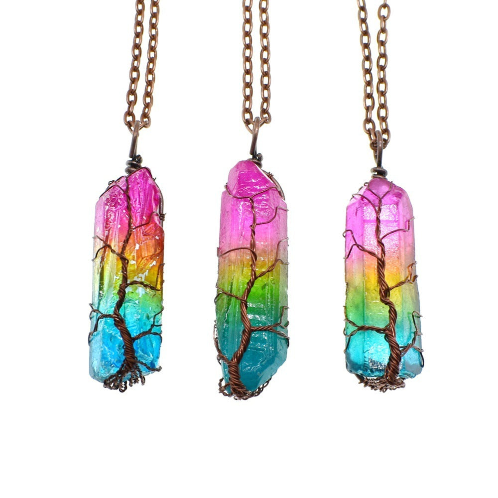 Hot Selling Stone Crystal Pillar Tree Of Life Pendant Ins Fashion Necklace Baby Diaper Shops