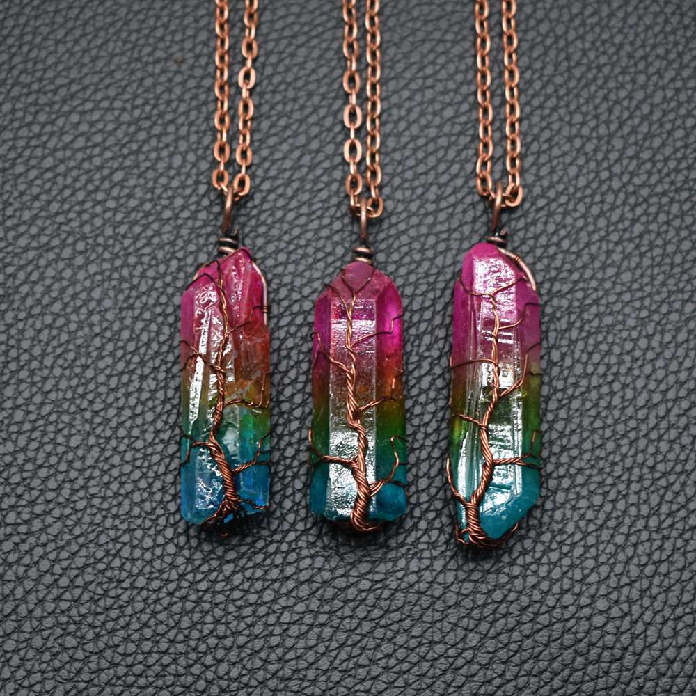 Hot Selling Stone Crystal Pillar Tree Of Life Pendant Ins Fashion Necklace Baby Diaper Shops